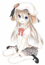  :d animal_ears blonde_hair blue_eyes blush bow dog_ears hair_ornament hat highres little_busters! long_hair morinaoekaki noumi_kudryavka open_mouth school_uniform silver_hair sitting skirt smile solo tail thigh-highs thighhighs wariza white_background white_legwear 