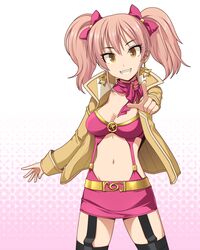  blush center_opening dress earrings fujimiya_yuu garter_straps grin highres idolmaster idolmaster_cinderella_girls jewelry jougasaki_mika long_hair navel pink_hair pointing revision smile solo twintails yellow_eyes 