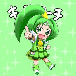  :o bike_shorts bootyan bowtie brooch character_name child choker clenched_hand cure_march dress green green_background green_dress green_eyes green_hair jewelry magical_girl midorikawa_nao pointing ponytail precure shoes short_hair shorts_under_skirt skirt smile smile_precure! solo sparkle translated tri_tails wrist_cuffs young 