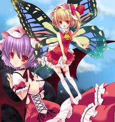  2girls adapted_costume alternate_costume alternate_wings ascot bat_wings blonde_hair bow butterfly_wings dress fang flandre_scarlet hair_bow hat ichiru_(artist) multiple_girls open_back open_mouth purple_hair red_eyes remilia_scarlet short_hair siblings side_ponytail sisters sleeveless sleeveless_dress thigh-highs touhou white_legwear wings wrist_cuffs 
