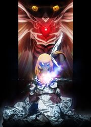  angel_(evangelion) blue_eyes brown_hair dress glowing hair_ribbon highres long_hair long_sleeves lyrical_nanoha magical_girl mahou_shoujo_lyrical_nanoha neon_genesis_evangelion pillarboxed puffy_sleeves raising_heart ribbon takamachi_nanoha torn_clothes wadatsumi_garland white_dress zeruel 