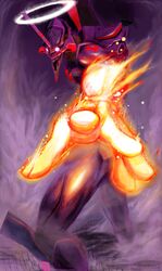  armor eva_01 glowing glowing_eyes halo highres horn morimoka neon_genesis_evangelion no_humans pink_eyes rebuild_of_evangelion solo 