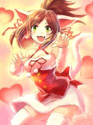  :3 :d animal_ears brown_hair cat_ears cat_tail edobox fang green_eyes idolmaster idolmaster_cinderella_girls maekawa_miku open_mouth paw_pose ponytail skirt smile solo tail thigh-highs thighhighs 