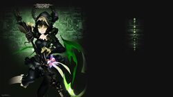  black_hair black_rock_shooter black_rock_shooter_arcana dead_master demon_girl green_eyes highres horns huke official_art ribbon scythe skull solo taiki_(luster) weapon 