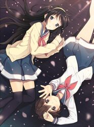  black_eyes black_legwear blush brown_hair cardigan hairband kahori_(nerawareta) kurasawa_moko long_hair looking_at_viewer lying multiple_girls natsuki_(nerawareta) nerawareta_gakuen on_back original outstretched_arms petals school_uniform serafuku short_hair smile thigh-highs thighhighs 