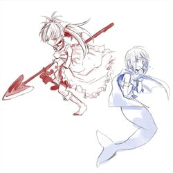  eerr long_hair mahou_shoujo_madoka_magica mermaid miki_sayaka monochrome monster_girl multiple_girls multiple_monochrome sakura_kyouko short_hair simple_background weapon white_background 