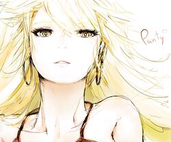  bare_shoulders blonde_hair blue_eyes bracelet braid breasts bust character_name cleavage earrings fairy fairy_wings francisco_valle heart highres hoop_earrings jewelry keikotsu leafa long_hair long_sleeves looking_at_viewer panty_&amp;_stocking_with_garterbelt panty_(psg) ponytail puffy_sleeves sheath sketch smile solo sword sword_art_online twin_braids vl weapon wings yellow_eyes 