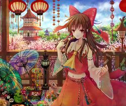  anko_kinako bow brown_hair building cherry_blossoms colorful dango detached_sleeves east_asian_architecture embellished_costume food frills hair_bow hakurei_reimu lantern midriff navel oriental_umbrella pagoda paper_lantern red_eyes revision short_hair solo tassel temari_ball touhou umbrella wagashi 