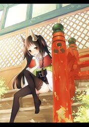  black_legwear braid brown_hair fangs finger_to_mouth grin long_hair looking_at_viewer open_mouth original osamu_(10051213) red_eyes shrine single_braid sitting smile solo stairs tabi thigh-highs thighhighs 
