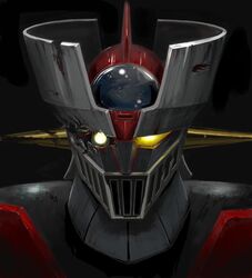  cockpit damaged highres mazinger_z mazinger_z_(mecha) mecha morimoka no_humans oldschool pilder realistic solo super_robot yellow_eyes 