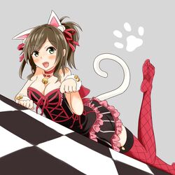  animal_ears bell breasts brown_hair cat_ears cat_tail corset fang fishnets green_eyes idolmaster idolmaster_cinderella_girls maekawa_miku paw_pose ponytail skirt tail 
