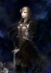  arm_guards armor axis_powers_hetalia bangs blonde_hair breasts dress flower green_eyes hair_flower hair_ornament hungary_(hetalia) large_breasts lips long_hair lotus_(elico) night pants puffy_sleeves realistic revision serious skirt solo swept_bangs sword uniform weapon 