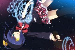  ahoge bandage bandages black_legwear blazer blue_eyes blue_hair chain chains chuunibyou_demo_koi_ga_shitai! frilled_skirt glowing glowing_eye gun heterochromia highres magic_circle no_eyepatch open_mouth plaid plaid_skirt school_uniform short_hair skirt solo takanashi_rikka thigh-highs thighhighs torn_clothes uiu upside-down weapon yellow_eyes 