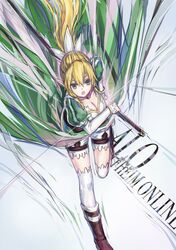  :o blonde_hair boots braid breasts cleavage green_eyes jjwww_love leafa long_hair pointy_ears ponytail sheath sheathed solo sword sword_art_online thigh-highs thighhighs twin_braids weapon 