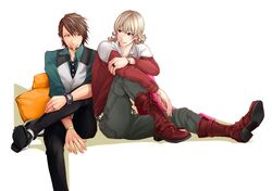  barnaby_brooks_jr blonde_hair boots bracelet brown_eyes brown_hair facial_hair glasses green_eyes jacket jewelry kaburagi_t_kotetsu multiple_boys necktie pillow rakugaki-m red_jacket ring stubble tiger_&amp;_bunny vest waistcoat watch wedding_band wristwatch 