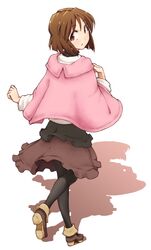  :o aya_shachou black_legwear brown_eyes brown_hair capelet hagiwara_yukiho highres idolmaster leg_up looking_back mole pantyhose shadow short_hair simple_background solo white_background 