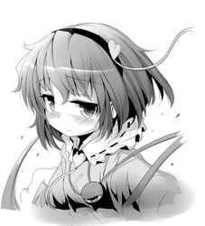  blush greyscale hairband heart inyucchi komeiji_satori lowres monochrome portrait short_hair solo third_eye touhou wavy_mouth 