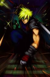 blonde_hair blue_eyes buster_sword cloud_strife cretin final_fantasy final_fantasy_vii firing gloves glowing glowing_eye huge_weapon muscle muzzle_flash pauldrons short_hair soldier spiked_hair spiky_hair sword weapon 