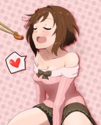  brown_hair chopsticks closed_eyes dress fang feeding flower food green_eyes hair_flower hair_ornament idolmaster idolmaster_cinderella_girls maekawa_miku ponytail 