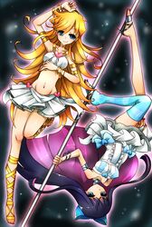  blonde_hair blue_eyes blush breasts colored fira_yuki highres long_hair multiple_girls panty_&amp;_stocking_with_garterbelt panty_(character) panty_(psg) pole pole_dancing purple_hair smile stocking_(character) stocking_(psg) very_long_hair 
