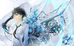  black_hair blue_eyes clarinet clock gears guitar instrument keyboard_(instrument) male mechanical necktie original piyotama saxophone solo trumpet tuba xylophone 