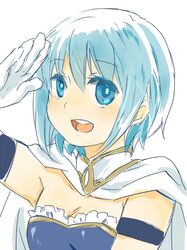  armband blue_eyes blue_hair bust cape gloves magical_girl mahou_shoujo_madoka_magica miki_sayaka nori_senbei open_mouth salute short_hair smile solo 