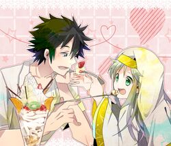  black_hair brown_eyes couple green_eyes habit heart index kamijou_touma long_hair school_uniform short_hair silver_hair smile spiked_hair spiky_hair sweets takumi_(scya) to_aru_majutsu_no_index 
