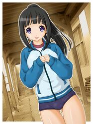  black_hair buruma chitanda_eru gym_uniform haru_kanata hyouka jacket long_hair ponytail purple_eyes solo track_jacket violet_eyes 