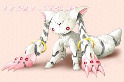  crossover gundam hygogg kyubey mahou_shoujo_madoka_magica mecha mechanization no_humans parody pink_background red_eyes solo 