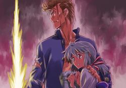  bandage blood blood_on_face blue_hair brown_hair energy_sword height_difference isedaichi_ken kuwabara_kazuma pompadour ponytail red_eyes revision sword torn_clothes weapon yukina yuu_yuu_hakusho 