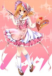 :d blonde_hair blush bonnet bow dress heart highres holding looking_at_viewer nogi_takayoshi open_mouth original outline paintbrush palette pink_eyes short_hair smile solo sparkle 