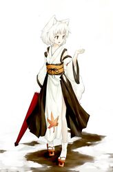  alternate_costume animal_ears detached_sleeves full_body highres inubashiri_momiji kokutei_n kourindou_tengu_costume obi open_mouth oriental_umbrella red_eyes short_hair solo tabi tail tengu-geta touhou umbrella white_hair white_legwear wolf_ears wolf_tail 