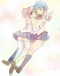  ;o ^_^ blue_hair closed_eyes eyes_closed grin hair_ornament hair_ribbon hairclip highres hug kaname_madoka mahou_shoujo_madoka_magica miki_sayaka multiple_girls nori_senbei pink_eyes pink_hair ribbon school_uniform short_twintails smile thigh-highs thighhighs twintails v wink zettai_ryouiki 