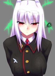  breasts glasses glasses_on_head glasses_removed heidimarie_w_schnaufer hirschgeweih_antennas large_breasts long_hair military military_uniform necktie no_glasses red_eyes strike_witches uniform white_hair yamaneko_ken 