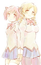  back-to-back blonde_hair drill_hair hair_ribbon hand_holding holding_hands kaname_madoka mahou_shoujo_madoka_magica multiple_girls nori_senbei pantyhose pink_eyes pink_hair ribbon school_uniform short_twintails smile thigh-highs thighhighs tomoe_mami twin_drills twintails yellow_eyes zettai_ryouiki 