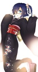  blue_eyes blue_hair blush chuunibyou_demo_koi_ga_shitai! eyepatch floral_print flower gokuma hair_flower hair_ornament japanese_clothes kimono long_sleeves looking_at_viewer obi open_mouth sandals short_hair side_ponytail solo tabi takanashi_rikka wide_sleeves 