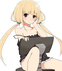  black_dress blonde_hair brown_eyes dress futaba_anzu hand_on_another's_cheek hand_on_another's_face idolmaster idolmaster_cinderella_girls long_hair strap_slip twintails 