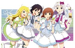  blonde_hair brown_eyes brown_hair chain chains food green_eyes grey_hair hagiwara_yukiho hairband hoshii_miki ice_cream idolmaster kikuchi_makoto purple_eyes ribbon shijou_takane smile violet_eyes wink wristband yayamori 