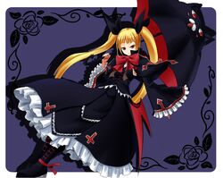  blazblue blonde_hair boots dress frilled_dress frills gii gothic_lolita hair_ribbon highres lolita_fashion long_hair nago rachel_alucard red_eyes ribbon solo takkayaa_(wasshi3) umbrella 