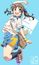  1girl aoi_sora_(pairan) bag brown_eyes brown_hair gym_shorts gym_uniform hair_ornament hairband hairclip highres jumping messenger_bag open_mouth pairan shoulder_bag solo twintails 