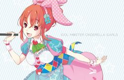  apron bow brown_hair dress hair_bow hair_ornament hair_ribbon idolmaster idolmaster_cinderella_girls microphone ponytail red_eyes ribbon umesuki 
