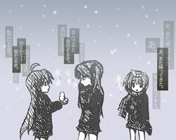  ahoge bag gloves hair_ribbon hiiragi_kagami hiiragi_tsukasa izumi_konata long_hair lucky_star monochrome multiple_girls ribbon scarf short_hair siblings sisters snow snowman translation_request twins twintails yuri 