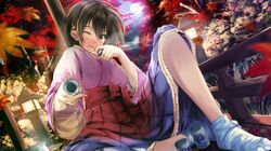  ;d autumn_leaves bad_id black_hair blush brown_eyes cup daidou_(demitasse) hair_ornament highres holding japanese_clothes leaf looking_at_viewer maple_leaf meiko open_mouth short_hair smile tabi vocaloid wink 
