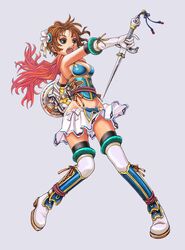  armpits boots breasts brown_eyes brown_hair cape copyright_request elbow_gloves flower gloves hair_ornament highres miniskirt navel open_mouth revision ribbon shield short_hair sideboob simple_background skirt solo standing sword thigh-highs thighhighs v-mag weapon zettai_ryouiki 