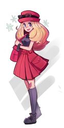  1girl bag blonde_hair blue_eyes bracelet breasts female_protagonist_(pokemon_xy) hat jewelry long_hair messenger_bag pleated_skirt pokemon pokemon_(game) pokemon_xy sho-n-d shoes shoulder_bag skirt sleeveless smile sneakers solo sunglasses sunglasses_on_head 