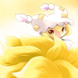  blonde_hair fox_tail hat highres multiple_tails short_hair solo tail touhou yakumo_ran yellow_eyes yume_shokunin 