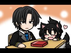  1girl ^_^ animal_ears black_hair closed_eyes desk dog_ears dog_tail dress_shirt eyebrows eyes_closed fang grey_eyes hair_up heart kemonomimi_mode letterboxed long_hair neckerchief oono_mayu open_mouth pixiv_azriel school_uniform shirt smile tail tail_wagging yanagi_(nurikoboshi) 