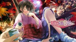  ;d autumn_leaves bad_id black_hair blush brown_eyes character_name cup daidou_(demitasse) hair_ornament highres holding japanese_clothes leaf looking_at_viewer maple_leaf meiko open_mouth short_hair smile tabi translation_request vocaloid wink 