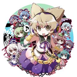  akaneya animal_ears black_hair blonde_hair blue_eyes blue_hair broom brown_eyes brown_hair chibi circle dress futatsuiwa_mamizou glasses green_hair grey_hair hair_rings hair_stick hat heterochromia houjuu_nue japanese_clothes kaku_seiga karakasa_obake kariginu kasodani_kyouko leaf leaf_on_head long_hair looking_at_viewer miyako_yoshika mononobe_no_futo multiple_girls musical_note o_o ofuda open_mouth outstretched_arms ponytail raccoon_ears raccoon_tail short_hair short_sleeves skirt smile soga_no_tojiko spoken_musical_note tail tatara_kogasa tate_eboshi ten_desires tongue touhou toyosatomimi_no_miko umbrella wide_sleeves yellow_eyes 