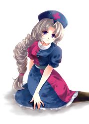  1girl braid breasts dress hat highres long_hair multicolored_eyes nurse_cap pantyhose silver_hair smile solo touhou usuusu white_background yagokoro_eirin 